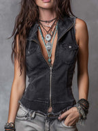 Vintage Zip-Front Distressed Hem Denim Vest