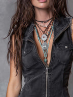 Vintage Zip-Front Distressed Hem Denim Vest