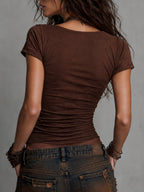 Retro Ribbed Short-Sleeve Faux Two-Piece T-Shirt With Lace Trim
