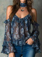 Boho Midnight Blue Ruffled Sheer Floral Off-Shoulder Blouse
