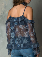 Boho Midnight Blue Ruffled Sheer Floral Off-Shoulder Blouse