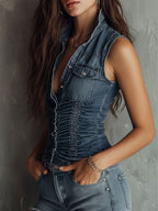 Retro Blue Ruched Denim Sleeveless Shirt