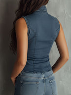 Retro Blue Ruched Denim Sleeveless Shirt