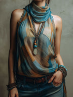 Boho Blue And Amber Chiffon Halter Blouse With Scarf Neck