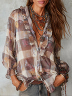 Bohemian Plaid Floral Chiffon Print Blouse With Ruffles