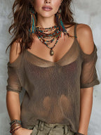 Relaxed Statement Sheer Mesh Off-Shoulder Top