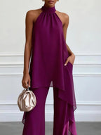Purple Halter Sleeveless Elegant Top With Pants Two-Piece Set