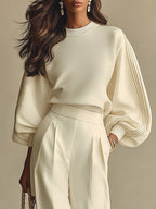 Ivory Ribbed Crew Neck Top And High-waisted Wide-leg Pants Suit