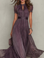 Flavia | Long purple dress with keyhole neckline, chiffon lace trim
