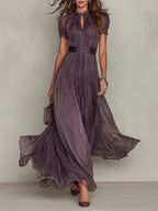 Flavia | Long purple dress with keyhole neckline, chiffon lace trim