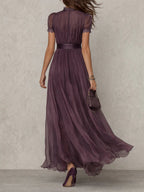 Flavia | Long purple dress with keyhole neckline, chiffon lace trim