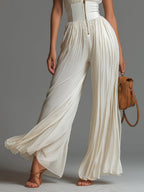 White V-neck Sleeveless Zip-up Pleated Wide-leg Chiffon Jumpsuit