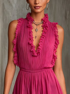 Fuchsia Ruffle Trim Pleated Chiffon Lace Jumpsuit