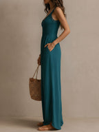 Bohemian Blue-green Lace-trimmed Slit Wide-leg Jumpsuit