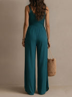 Bohemian Blue-green Lace-trimmed Slit Wide-leg Jumpsuit