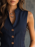 Vintage Henley Neck Sleeveless Striped Tank Top