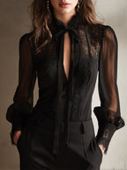 Retro Elegant Lace Stand-up Collar Tie Neck Chiffon Blouse