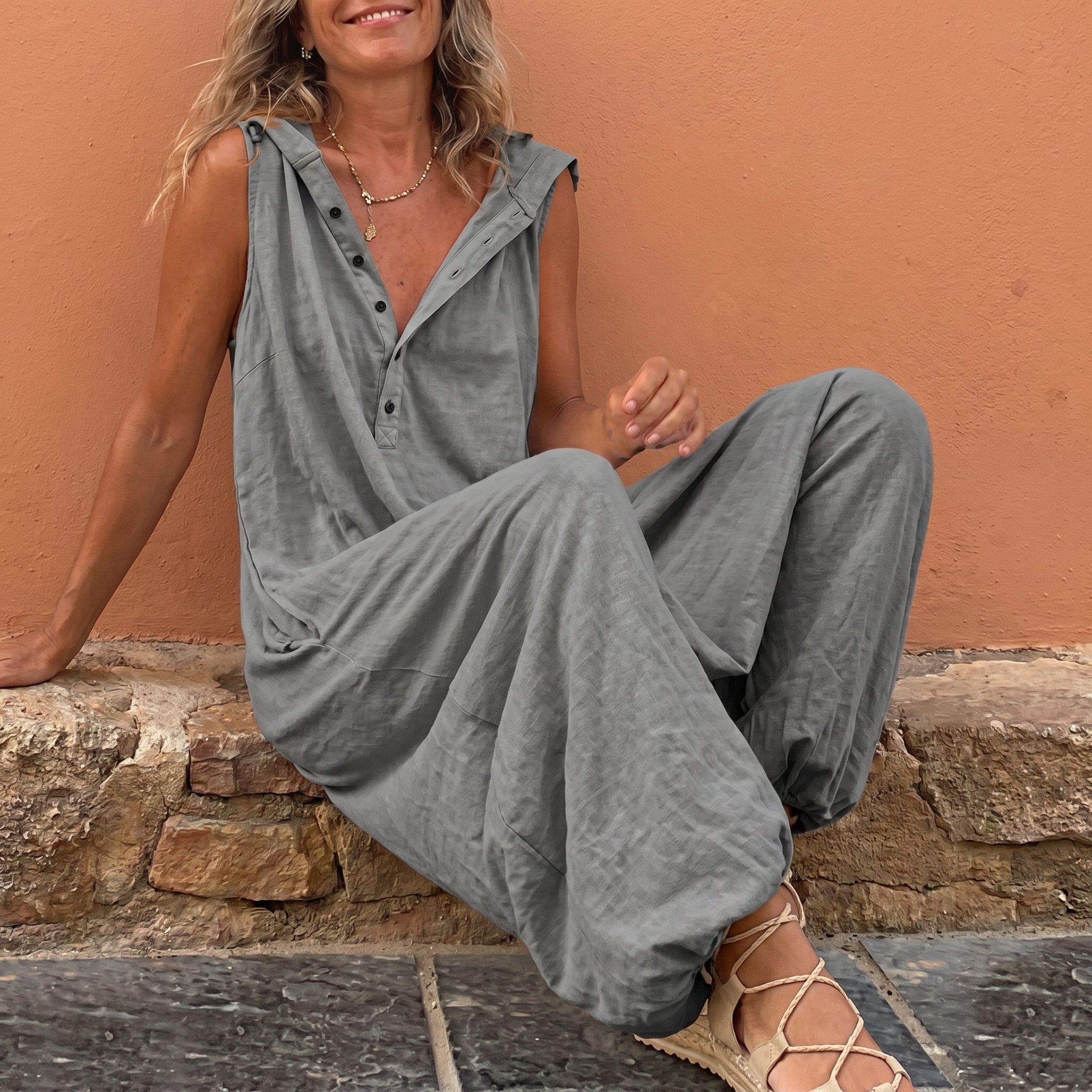 Comfortable Button Front Sleeveless Jumpsuit