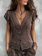 Vintage Tencel V-neck Blouse With Lace Trim