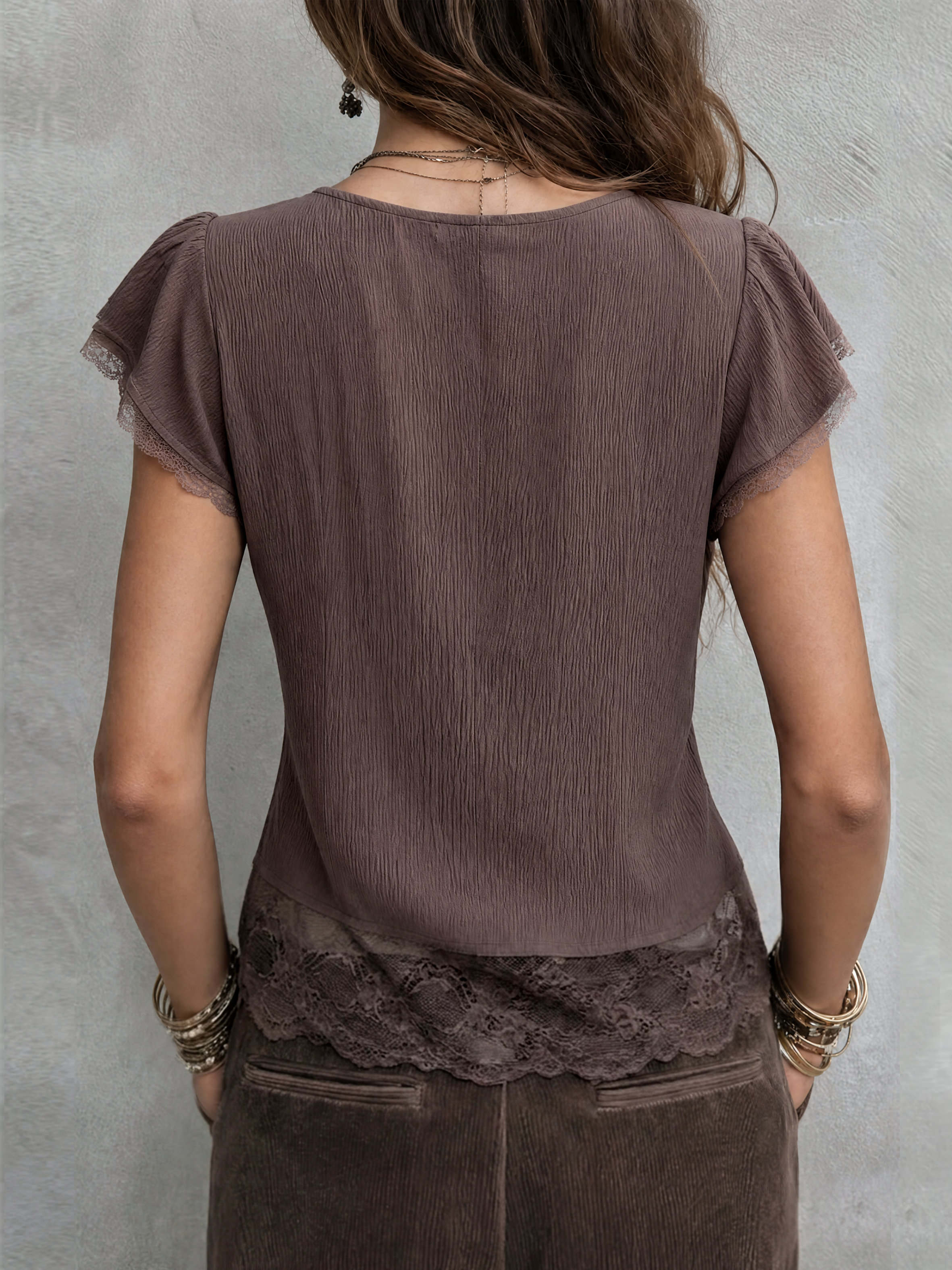 Vintage Tencel V-neck Blouse With Lace Trim